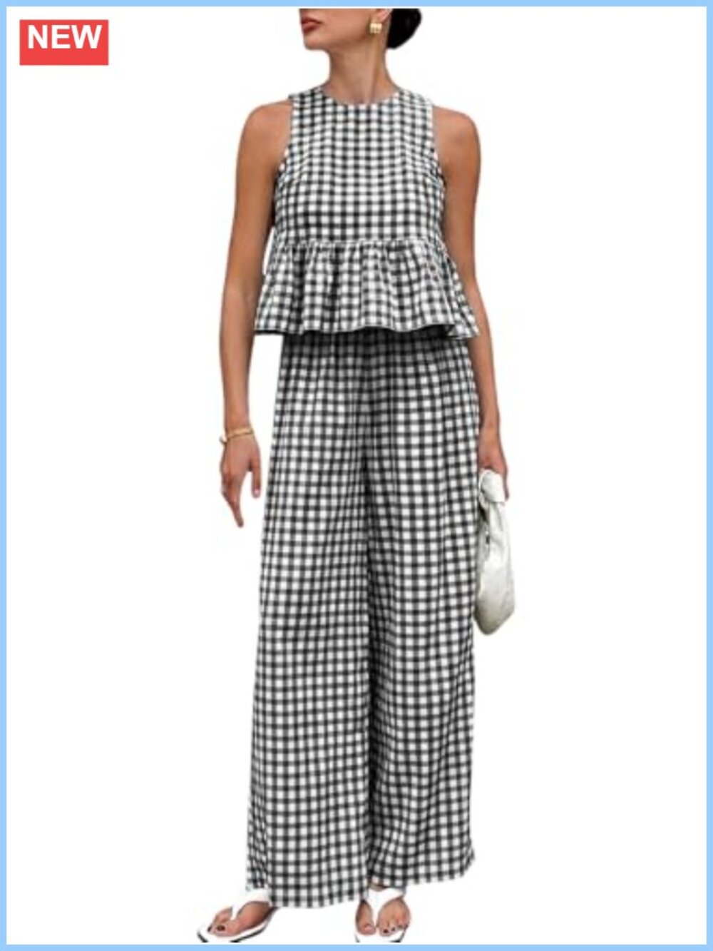 Gingham 2 Piece Set Sleeveless Ruffle Tank Wide Leg Pants Cotton